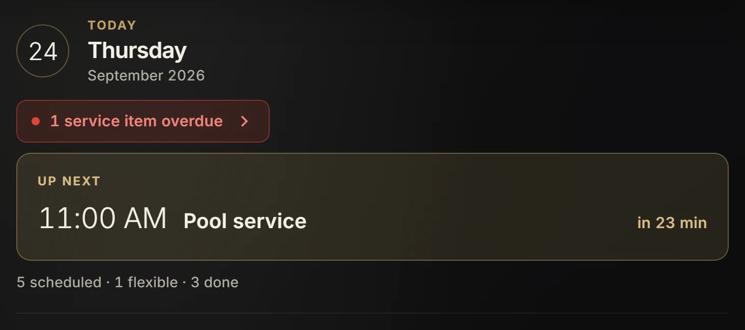 Today, with a red alert reading 1 service item overdue above the next thing on the day
