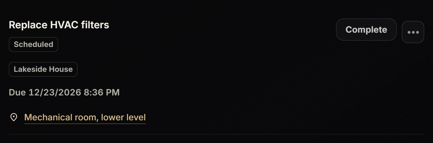 The same service item after completion, scheduled again for three months later